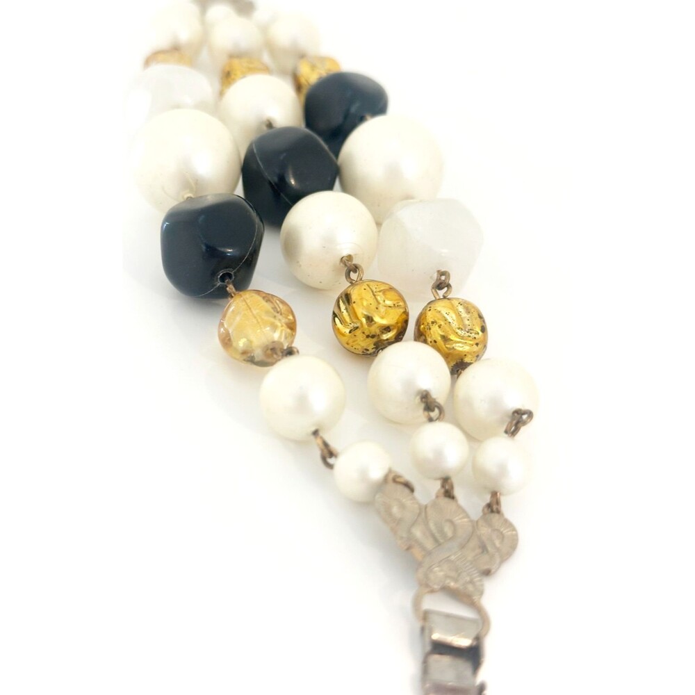 Vintage 3 Strand Plastic Bead Bracelet White Black Gold Lucite 8" Retro